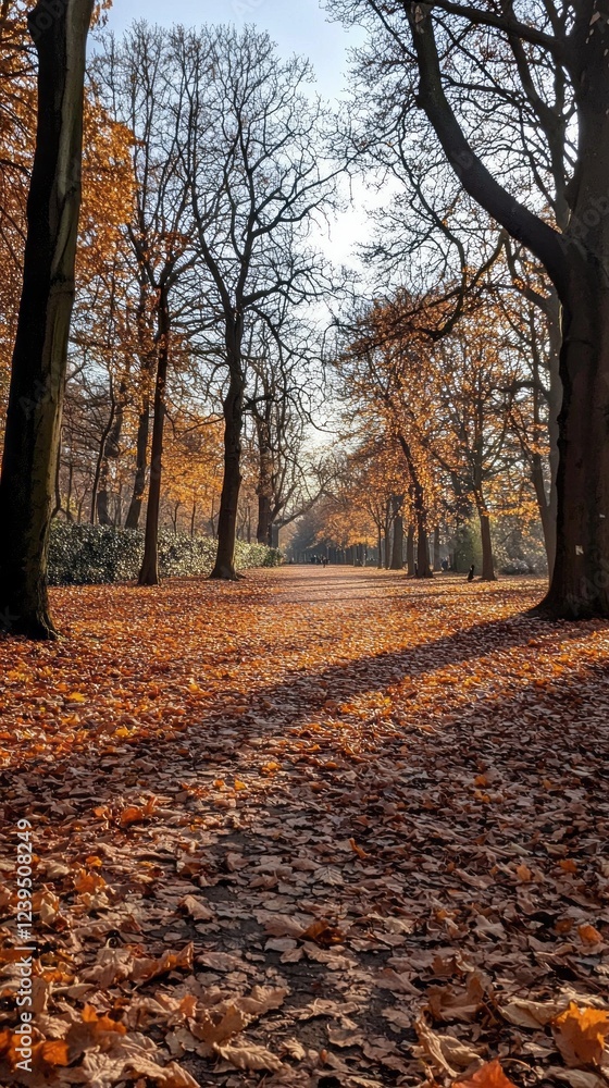 An inviting pathway winds through a park, blanketed with fallen amber leaves. Tall trees stretch their bare branches towards a bright blue sky, creating a peaceful atmosphere An inviting pathway winds through a park, blanketed with fallen amber leaves. Tall trees stretch their bare branches towards a bright blue sky, creating a peaceful atmosphere