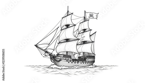 Wallpaper Mural Black and white pirate ship with sails and skull-and-crossbones flag navigating waves, adventurous concept. Black and white a coloring book for kids on white background Torontodigital.ca