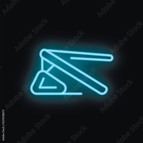 Blue neon icon of a hang glider taking flight, set on a black background