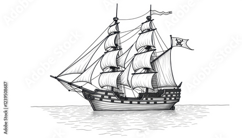 Wallpaper Mural Black and white pirate ship with sails and skull-and-crossbones flag sailing on calm water, adventurous spirit. Black and white a coloring book for kids on white background Torontodigital.ca