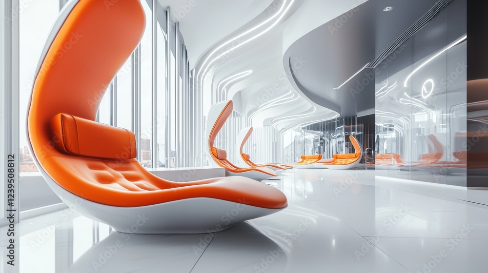 Naklejka premium Futuristic interior with curved orange chair
