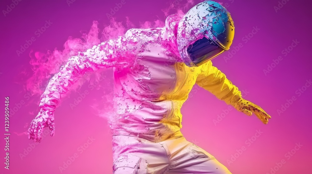A futuristic figure in a vibrant pink and yellow suit, helmet on, moves with dynamic energy against a bold pink background. A futuristic figure in a vibrant pink and yellow suit, helmet on, moves with dynamic energy against a bold pink background.