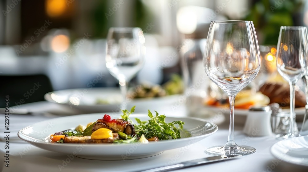 A modern dining setup featuring beautifully plated meals on elegant tableware A modern dining setup featuring beautifully plated meals on elegant tableware