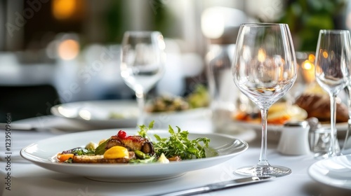 A modern dining setup featuring beautifully plated meals on elegant tableware