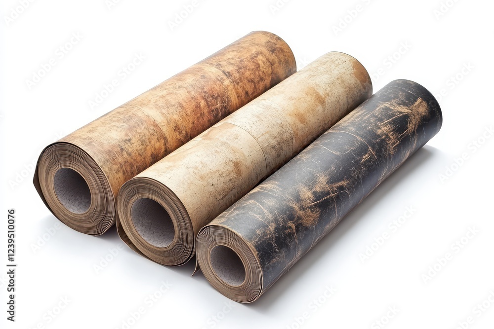 Three rolls of floor covering on a white backdrop Board patterned linoleum for home use Three rolls of floor covering on a white backdrop Board patterned linoleum for home use