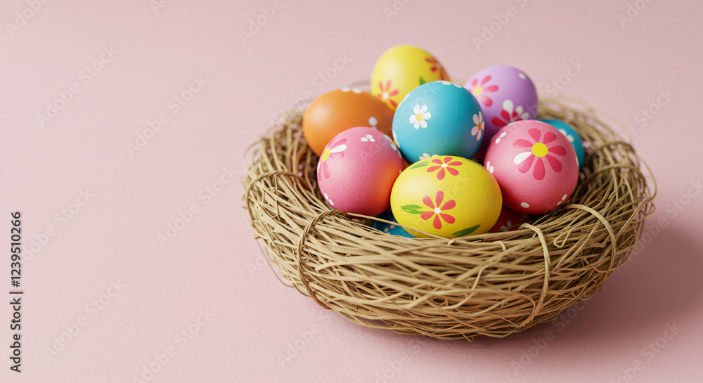 Naklejka premium Feliz dia de Páscoa decoração ovos coloridos no ninho em fundo de papel rosa, com espaço para mensagem