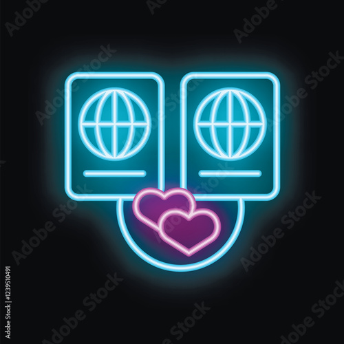 Glowing neon icon of two passports with hearts symbolizing a romantic honeymoon trip around the world