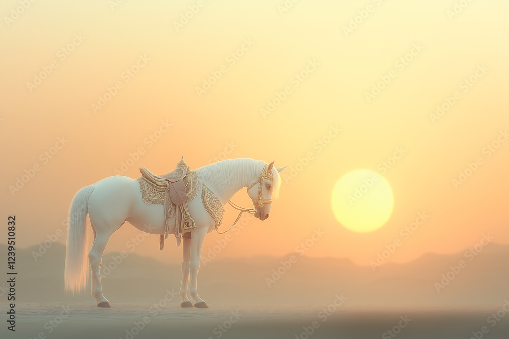 Obraz premium A majestic Arabian horse wearing a decorative saddle and bridle, set against a stunning backdrop of a Middle Eastern desert landscape at sunrise on Eid al-Adha.