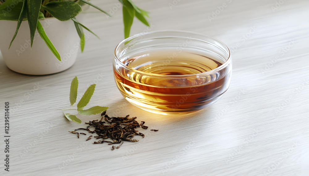 Fototapeta premium Cup of rooibos tea on a wooden table. Selective focus