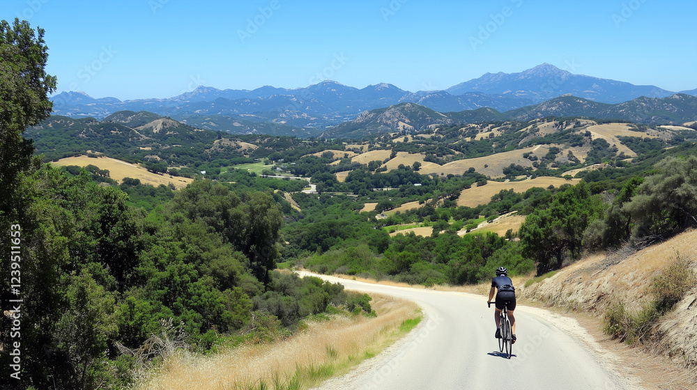 Cycling on winding mountain road with scenic view of rolling hills and blue sky, a lone cyclist enjoying the breathtaking panorama of nature's beauty Cycling on winding mountain road with scenic view of rolling hills and blue sky, a lone cyclist enjoying the breathtaking panorama of nature's beauty