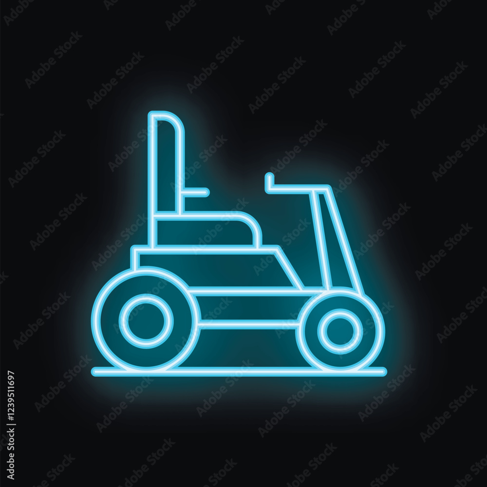 Blue glowing neon sign depicting a modern electric wheelchair, representing mobility and accessibility Blue glowing neon sign depicting a modern electric wheelchair, representing mobility and accessibility