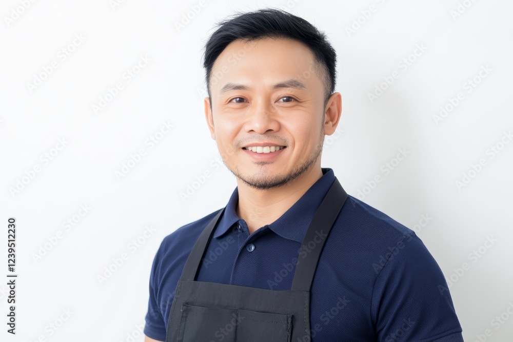Man with a black apron and a blue shirt is smiling Man with a black apron and a blue shirt is smiling