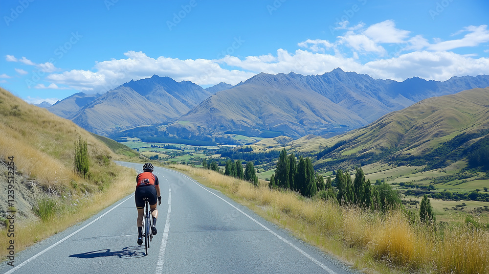 Cyclist riding road bike on scenic mountain road, solo journey through breathtaking landscape, adventure and freedom on two wheels Cyclist riding road bike on scenic mountain road, solo journey through breathtaking landscape, adventure and freedom on two wheels