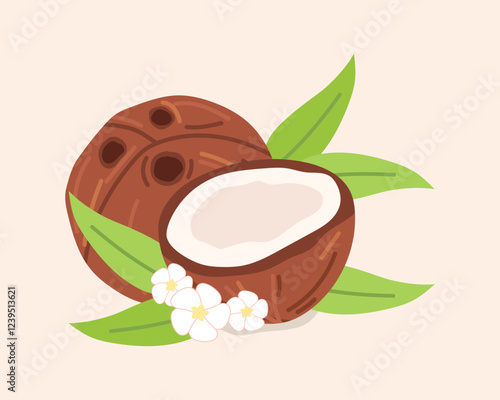 coconut. The tropical fruit is coconut. coconut chips. coconut grew on a palm tree. coconut milk. an artful cocktail. a fruit painted in a flat style. vector. delicious milk.	
