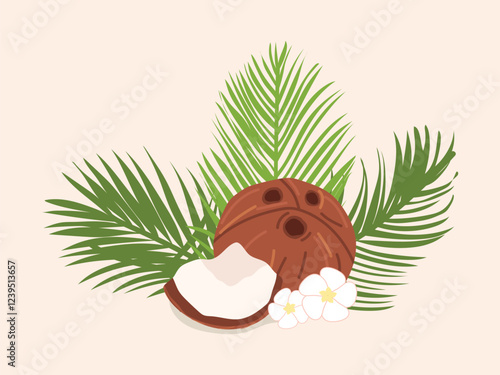 coconut. The tropical fruit is coconut. coconut chips. coconut grew on a palm tree. coconut milk. an artful cocktail. a fruit painted in a flat style. vector. delicious milk.	
