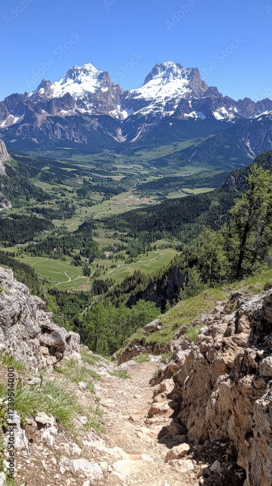 Fototapeta premium Spectacular Mountain Pathway in the Italian Dolomites with Majestic Snowcapped Peaks, Green Hills, Rocky Trail, Clear Sky, and Lush Forest Valley Views