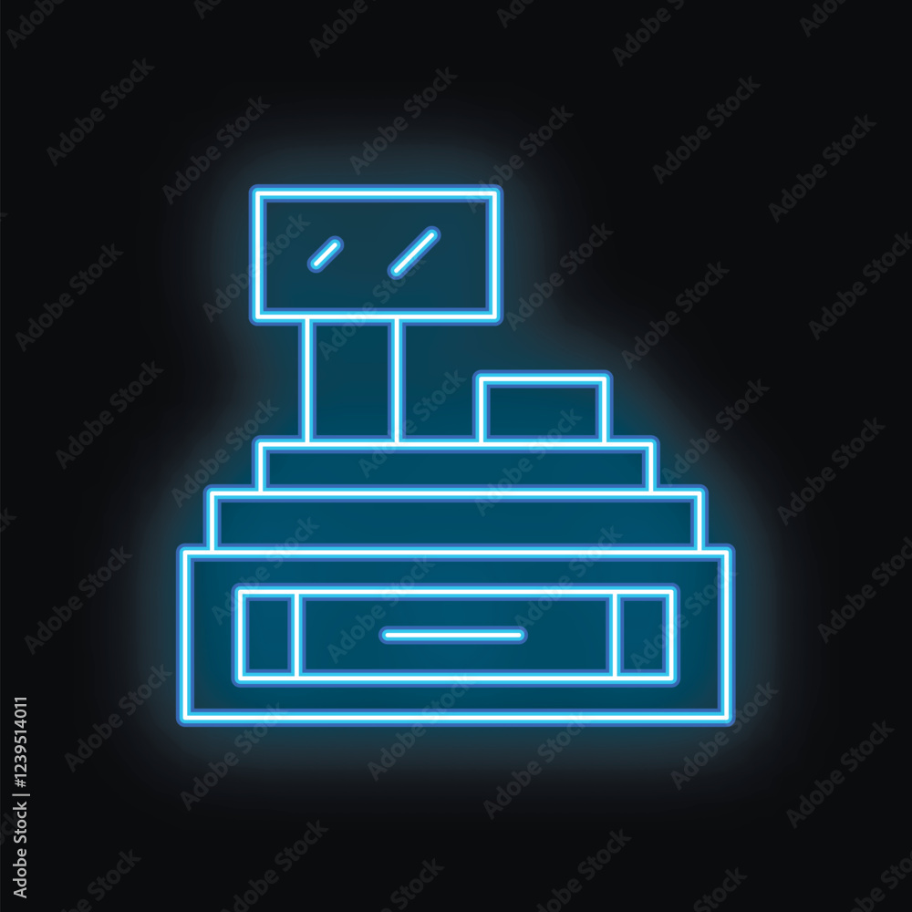 Neon blue outline of a cash register glowing on a black background, symbolizing retail and financial transactions Neon blue outline of a cash register glowing on a black background, symbolizing retail and financial transactions