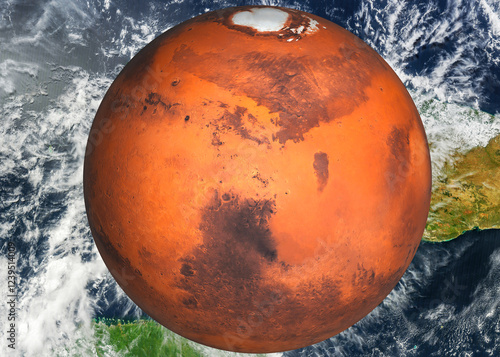 Obraz na płótnie A satellite view of Earth planet featuring an overlaid image of the Mars globe, highlighting north pole of Mars. Interstellar travel concept. 3d rendered illustration. Elements of this image were furn w salonie