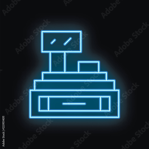 Neon blue outline of a cash register glowing on a black background, symbolizing retail and financial transactions