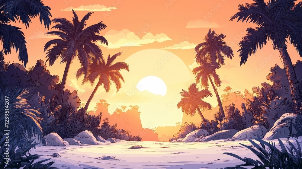 Obraz premium Serene Sunset Over Tropical Beach with Lush Palm Trees