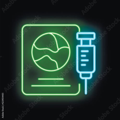 Bright neon green and blue icon of a syringe and international certificate of vaccination for travel during coronavirus pandemic