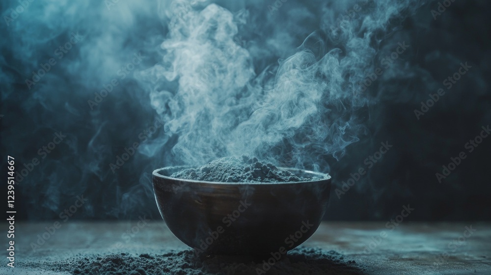 Mysterious steaming bowl in dark atmospheric setting Mysterious steaming bowl in dark atmospheric setting