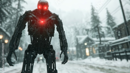 A menacing metallic robot stands in a snowy village.  Its glowing red eyes and imposing figure create a chilling scene.