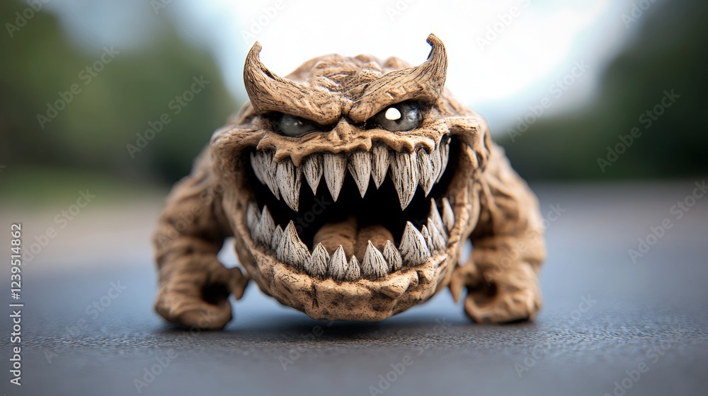 Close-up of a menacing, small, tan-colored monster figurine with sharp teeth and horns. Its expression is fierce and intimidating. Close-up of a menacing, small, tan-colored monster figurine with sharp teeth and horns. Its expression is fierce and intimidating.