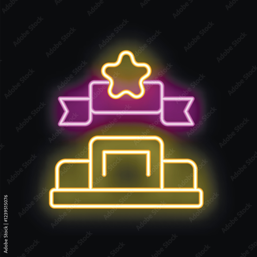 Neon icon of podium with star and ribbon glowing yellow and purple on black background Neon icon of podium with star and ribbon glowing yellow and purple on black background