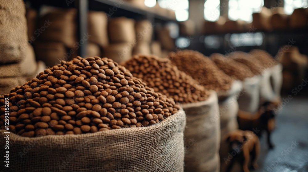 Piles of brown nuts in burlap sacks inside a rustic warehouse with natural light filtering through Piles of brown nuts in burlap sacks inside a rustic warehouse with natural light filtering through