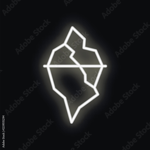 White neon iceberg floating on water surface on black background, simple design