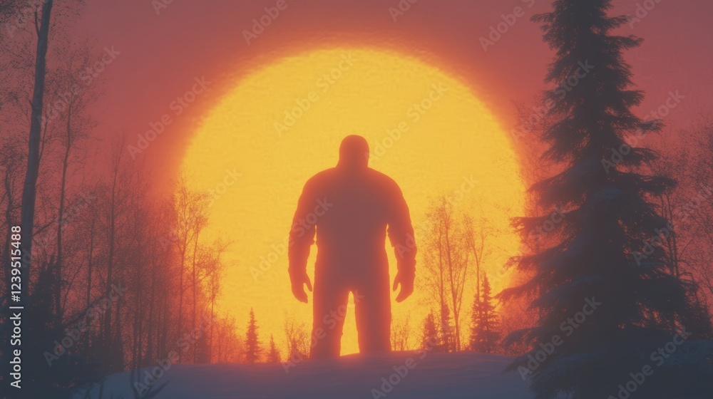 Fototapeta premium Silhouette of a large figure standing in a snowy forest at sunset. Mysterious and dramatic.