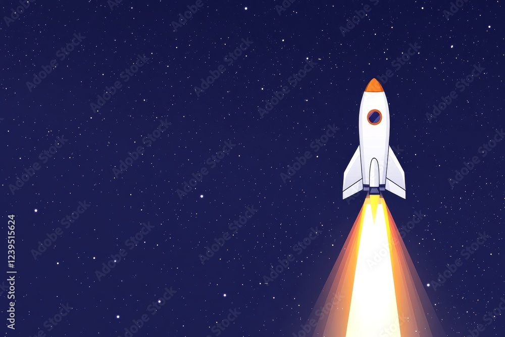 Rocket launch into starry night sky with glowing flames Rocket launch into starry night sky with glowing flames