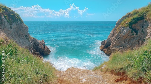 Serene cliffs frame a picturesque view of turquoise waters, where gentle waves rhythmically kiss the shore. Lush green grass and vibrant rock formations create an inviting atmosphere photo