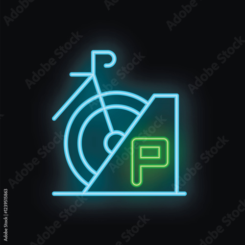 Neon sign for bike parking spot showing bicycle and letter p on black background