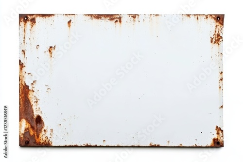 Rusty white metal plate with weathered edges and corrosion spots on white background