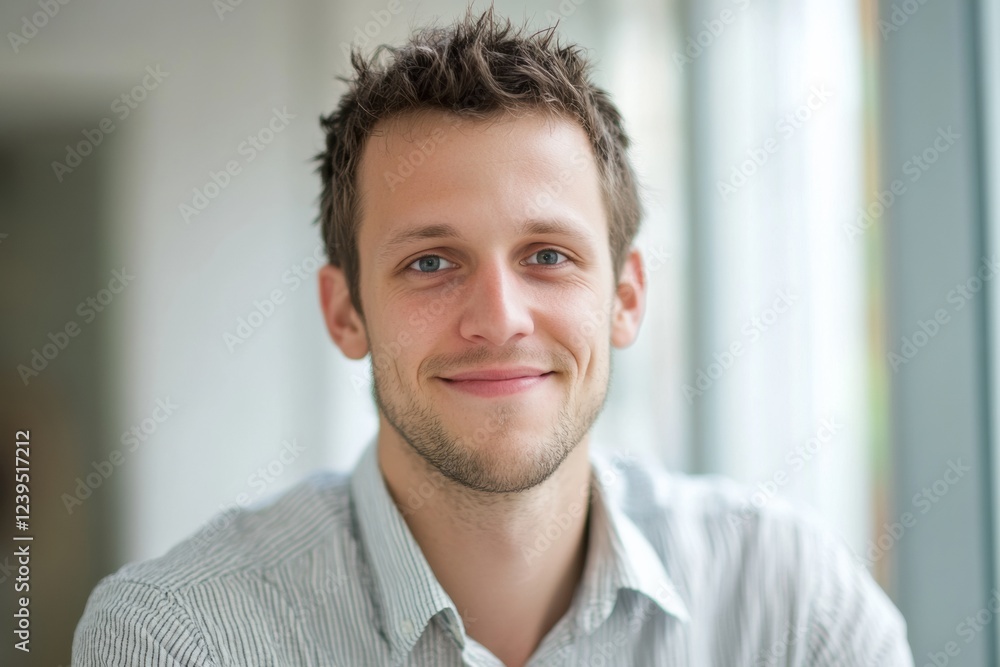 Young man with bright smile indoors, natural light enhances atmosphere and mood. Generative AI Young man with bright smile indoors, natural light enhances atmosphere and mood. Generative AI