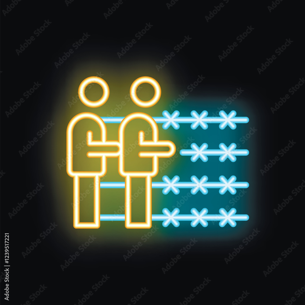 Neon sign of two men separated by barbed wire, symbolizing division and conflict Neon sign of two men separated by barbed wire, symbolizing division and conflict