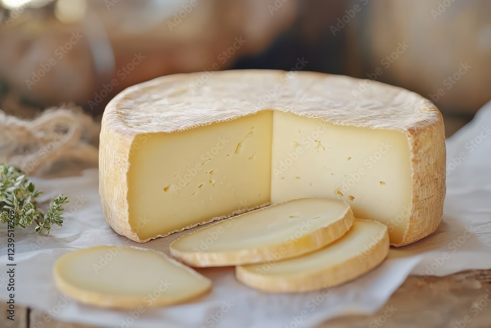 Top view of a cheeseboard featuring sliced yellow Limburger cheese with Herve or Reblochon on a paper backdrop Top view of a cheeseboard featuring sliced yellow Limburger cheese with Herve or Reblochon on a paper backdrop