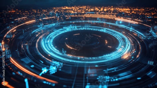 Futuristic city data flow with glowing circuits and digital infrastructure at night