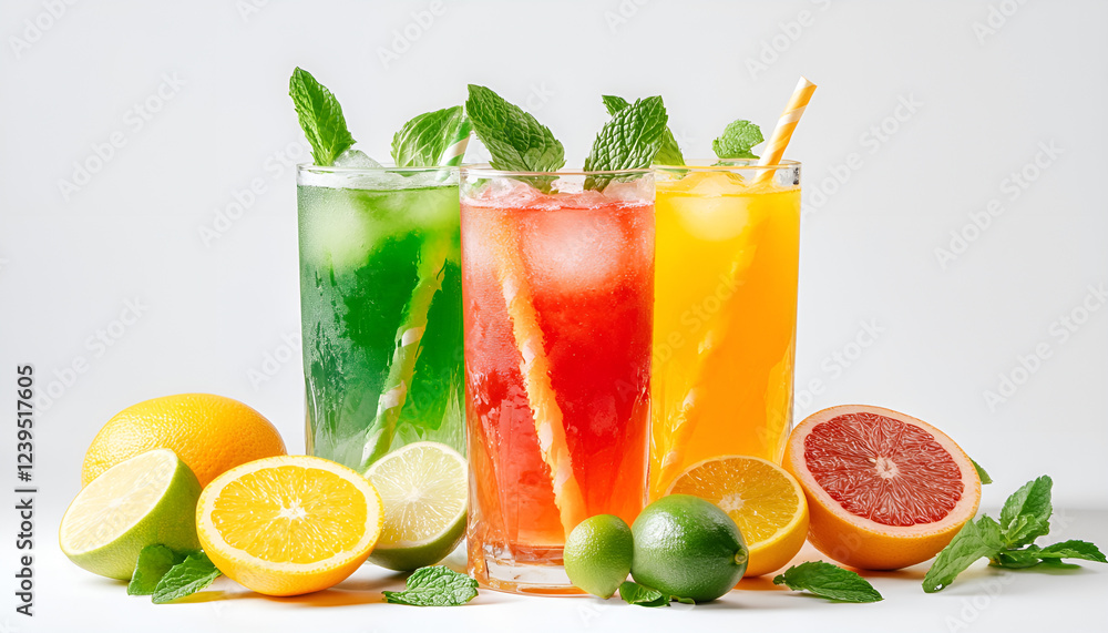 Isolated drinks. Glasses of fresh citrus juices (orange, grapefruit, lemon, lime) and cut fruits isolated on white background Isolated drinks. Glasses of fresh citrus juices (orange, grapefruit, lemon, lime) and cut fruits isolated on white background