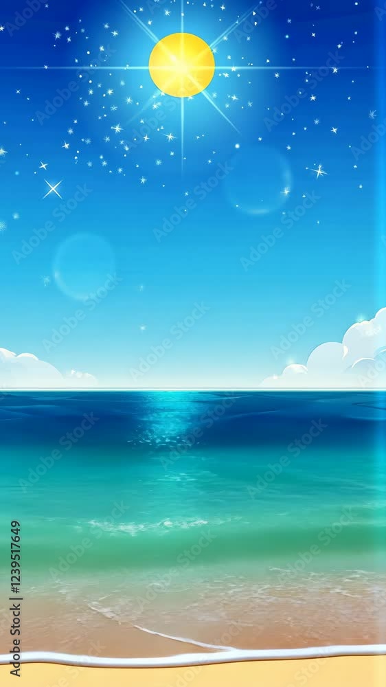 Bright sun shines over tranquil ocean waves on a clear day with sparkling water reflections Bright sun shines over tranquil ocean waves on a clear day with sparkling water reflections