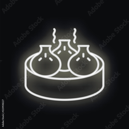 Neon icon of three hot chinese dumplings in a steaming basket glowing white against a black background