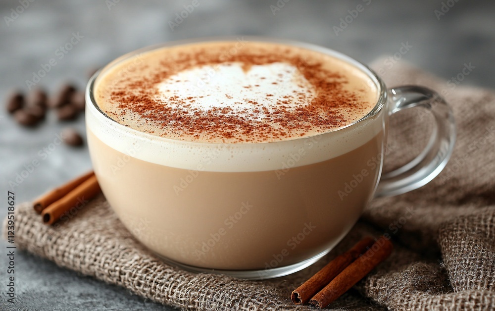 Obraz premium Latte art coffee cup, cinnamon, beans. Drinks menu image
