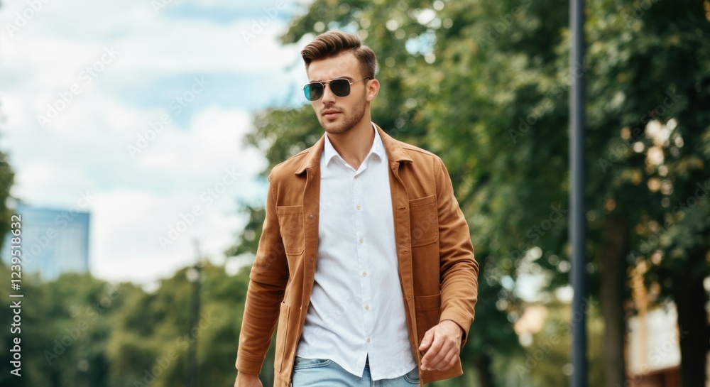 Stylish man walking outdoors in a brown jacket and sunglasses Stylish man walking outdoors in a brown jacket and sunglasses