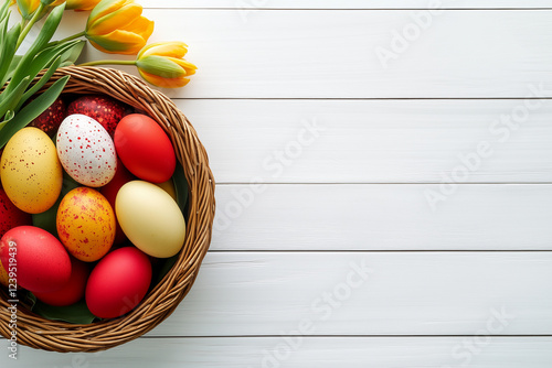 Easter Background with Colorful Eggs in a Basket and Tulips on a White Wooden Table – Flat Lay