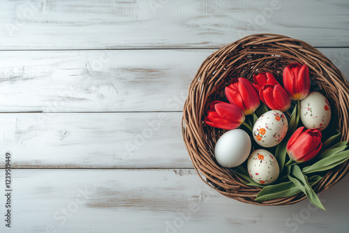 Easter Background with Colorful Eggs in a Basket and Tulips on a White Wooden Table – Flat Lay