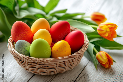 Festive Easter Composition with a Basket of Eggs and Tulips on a White Wooden Surface
