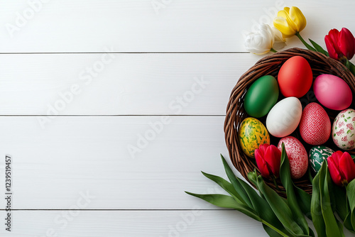 Flat Lay of Easter Eggs in a Basket with Tulips on a Rustic White Wooden Table

