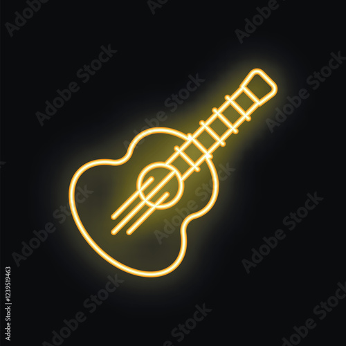Yellow neon sign depicting an acoustic six string guitar glowing on black background